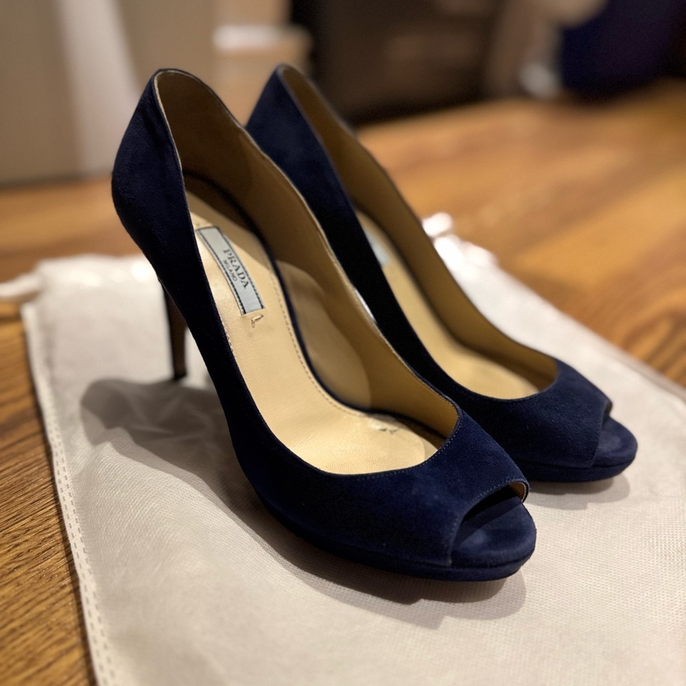 Prada Blue High Heel Peep-Toe Pumps